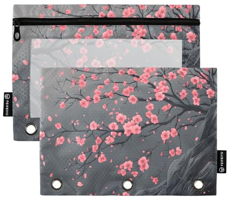 Quteprint Federmäppchen für 3-Ring-Ordner, japanische Blume, Baumzweig, 2 Stück, Reißverschluss, Federmäppchen mit transparentem Fenster und verstärkten Ösen für Ordner, Federmäppchen, Taschen