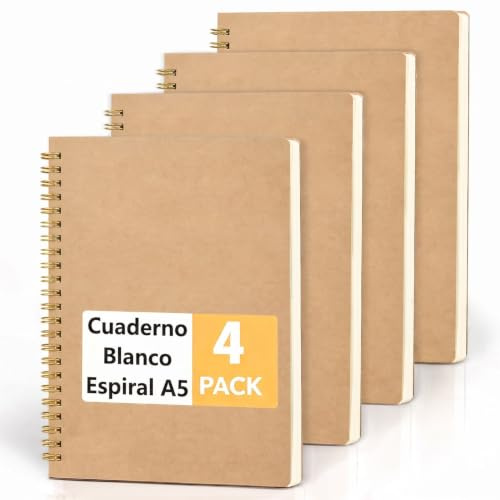 JSQJ Notizbuch A5 Blanko, 4er Pack Spiral Notizblock, 80 Blatt Notizheft | 80gsm + Cremefarbenes Papier Augenschonend Spiralblock / Goldene Spiralbindung / DIY Kraftpapier-Cover für Schule, Büro