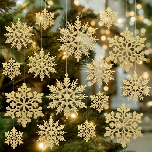 JOLCEEY 40pcs Snowflake Christmas Tree Decorations, Plastic Glitter Snowflakes Hanging Ornaments with Strings for Xmas Tree Party Winter Indoor Decor (Gold)
