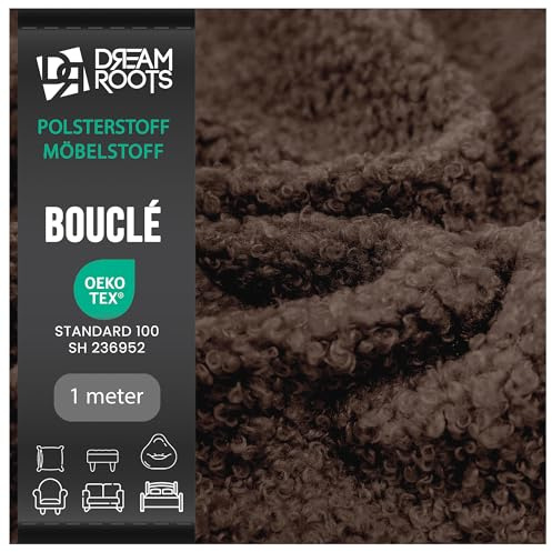 DreamRoots Bouclé Möbelstoff Meterware, Dunkelbraun, 1 m | Polsterstoff, 315 g/m², 80.000+ Martindale, UV- & feuerresistent, ideal für Sofa, Sessel, Kissen, DIY Projekte