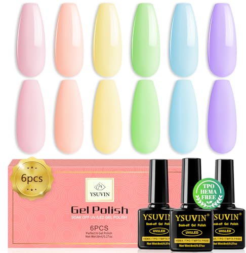 Yueshop Pastel Gel Nail Polish, 6 Colors Macaron Summer Gel Polish Nail Art | HEMA FREE TPO FREE, Pink Peach Yellow Green Sky Blue Lila Gel Nail Varnish Soak-Off UV LED, Manicure Studios & Home Use, 8ml