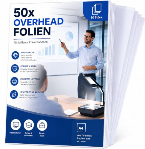 50x Overheadfolie transparent DIN A4 - extra dicke OHP Folien für Kopierer & Kopierfolie Laserdrucker mit hochwertiger Druck- und Projektionsqualität