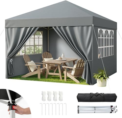 Hawthyhome Pavillon 3x3 Wasserdicht Stabil, Faltpavillon 3x3 mit 4 Seitenteilen, Pop Up Pavillon UV Schutz 50+, Höhenverstellbar Partyzelt Gartenpavillon Für Outdoor Camping, Grau Mit Seitenwänden