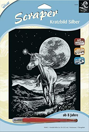 Mammut 136018 Kratzbild Motiv Einhorn, silber, glänzend, Komplettset mit Kratzmesser und Übungsblatt, Scraper, Scratch, Kritzel, Kratzset für Kinder ab 8 Jahre