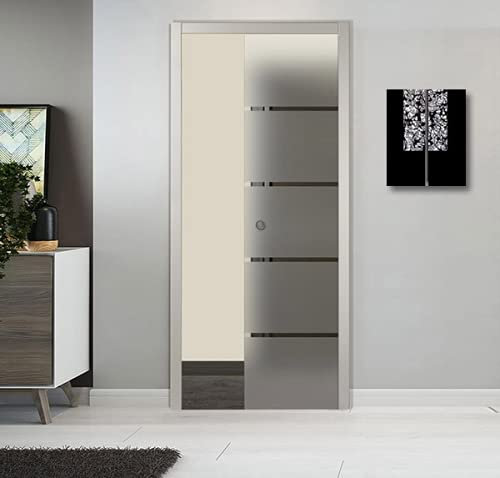 PORTA SCORREVOLE SCOMPARSA IN VETRO SATINATO CON RIGHE 80X210 (DESTRA)