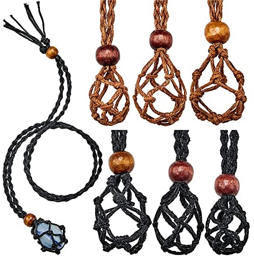 Hicarer 6 Stück Leerer Steinhalter Kette Kristallsteinhalter Kette Quartz Kristall Halskette Halter Fischnetz Stein Halskette Schnur 3 Größen Verstellbare Schnur Käfig für DIY Schmuck (Schwarz, Braun)