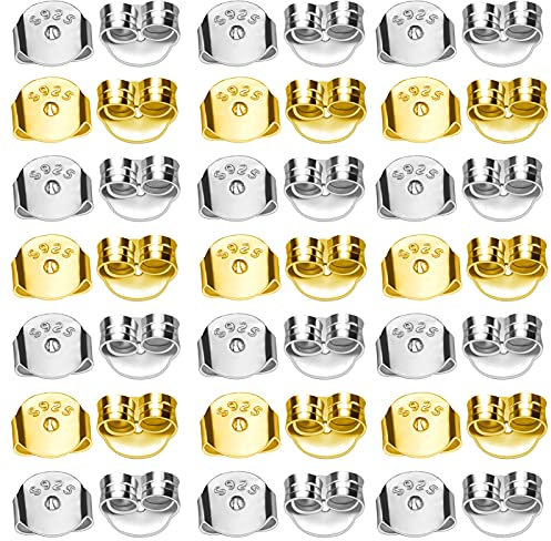 TOAOB 20 Piezas Tuercas de Pendientes Plata de Ley 925 Tono Oro Plata 5 mm x 5.5 mm Cierres Tapón de Seguridad Tope Posterior Mariposa Tamaños Universal para Hacer Joyería Fabricación de Joyas