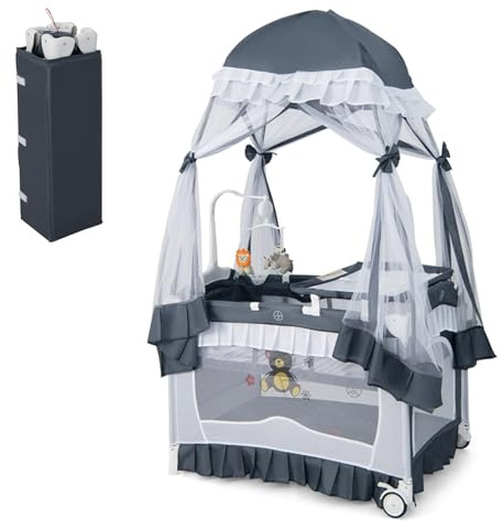 GOPLUS Lit Bebe, Lit Parapluie Bébé avec Moustiquaire Légère, Jouets, Roues avec Frein, Boîte à Musique, Table à Langer, Sac sur Côté, 4 en 1 Lit pour Bébé 0 à 36 Mois, Gris