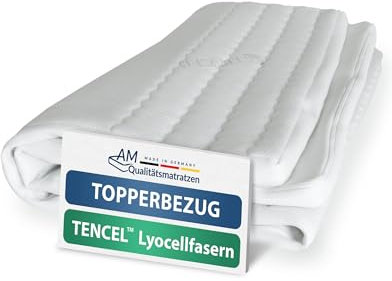 AM Qualitätsmatratzen Lyocell Topper Bezug 140x190 4-6 cm Kernhöhe - Made in Germany & Oeko-TEX Siegel - Allergiker Topperbezug 140x190cm mit Anti-Rustch Unterseite & 4-seitigem Reißverschluss