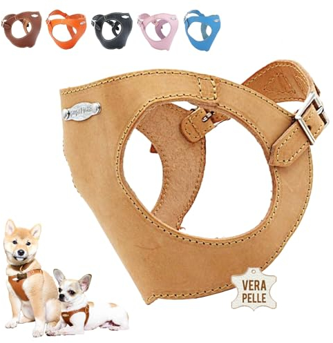 PUPAKIOTTI Brustgeschirr für kleine und mittelgroße Hunde, Leder-Hundegeschirr, ergonomisch und verstellbar, verfügbar Handgemacht in Italie (M-L, Leder)