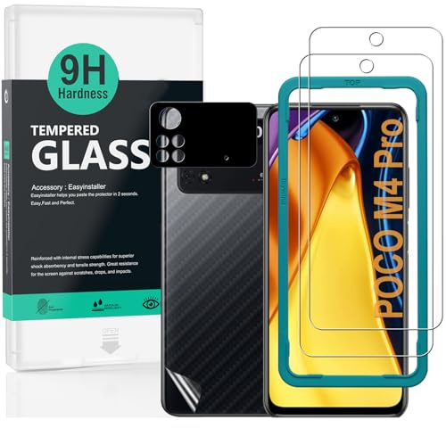 Ibywind Cristal Templado para Poco M4 Pro 4G 6.43,[2 Piezas],con Metálico Protector de Lente de Cámara,Atrás Pegatina Protectora Fibra de Carbono, Kit de instalación fácil