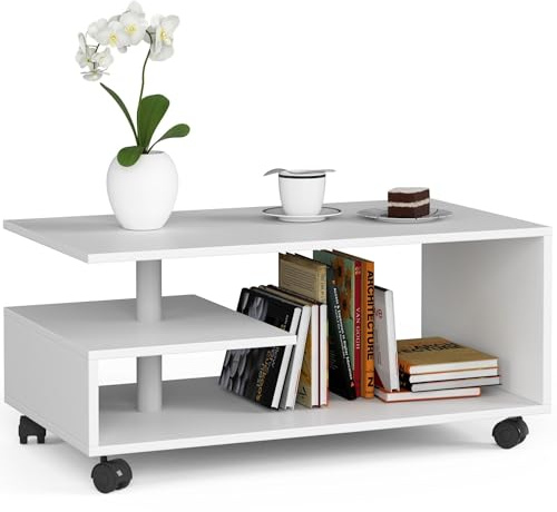 AKORD Couchtisch Vini auf Rädern | Bücherregal für Wohnzimmer | Schlafzimmer Schrank | Wohnzimmertisch Holz | Coutischtisch | Modernes funktionales Design| Laminierte Platte 16 mm| Farbe Weiß