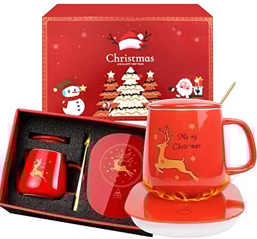 Chauffe-Tasse Rouge, Ensemble de Chauffe-Tasse de Noël : Tasse à café en céramique avec Plaque chauffante et Couvercle et boîte Cadeau et cuillère en métal doré, arrêt Automatique, Interrupteur à clé