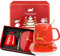 YumSur Set scalda-tazza rossa, set scalda-tazza di Natale: tazza da caffè in ceramica con piastra e coperchio e scatola regalo e cucchiaio in metallo dorato, spegnimento automatico
