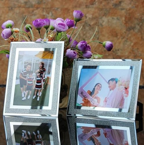 DEENZ Set Of 4 Glitter Mirror Photo Frame Silver Picture Frames Crystal Display Vertically Or Horizontally For Christmas Wedding Home Table (4-5x7 inch)