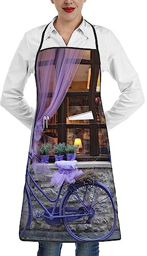 Kochschürze mit violettem Fahrrad am Fenster, Unisex, Kochschürze mit Taschen für Küche, Grillen, Basteln, Zeichnen, weiß, One size