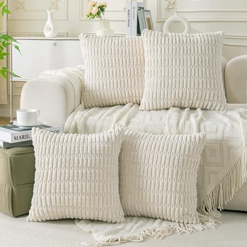Ci & Ci 4er Set Deko Kissenbezug 40x40 cm, Cremeweiß Kordsamt Kissen Sofakissen Dekokissen Zierkissen, Flauschig Kissenbezüge Kissenhülle für Sofa Couch