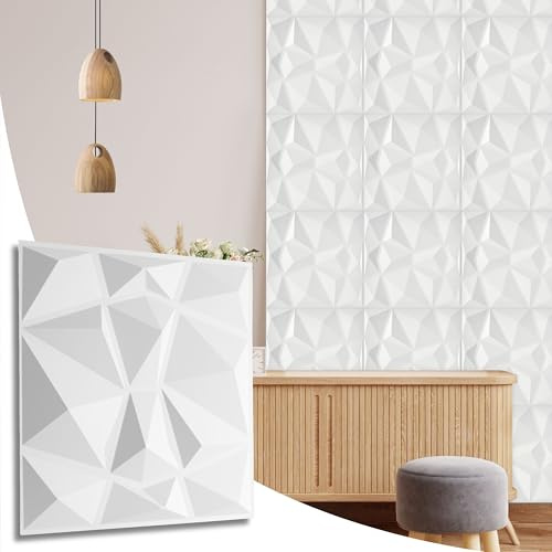 NOVECRAFTO 3D Wall Panels with Adhesive Included - 20 Sheets Covering 5 sqm | 53.82 sqf Interior Cladding Panels Set | 3D Wall Tiles Diamond Design in Matte White - Each Panel Size 19.6 x 19.6