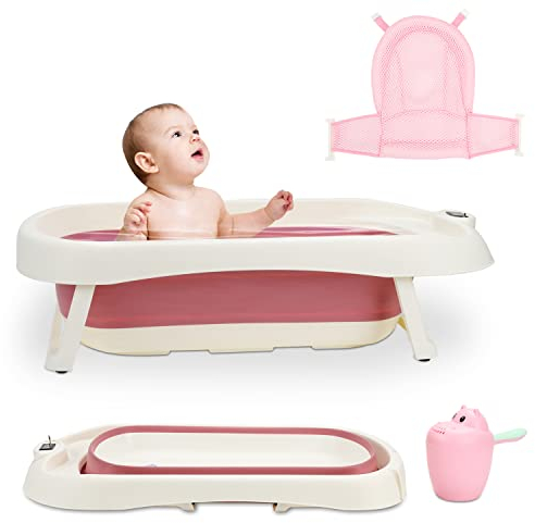 Jopassy Baby Badewanne, Badewanne Baby Babybadewanne Neugeborene, Babybadewanne mit Thermometer, Baby Wanne mit Badenetzund und Badelöffel, Badewanne Faltbar für Babys 0-6 Jahre Rosa