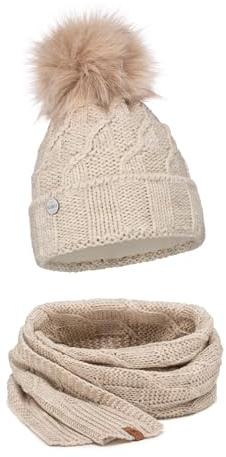 ELIMELI® Mütze Schal Damen Winter Kombi Set - warme Strickmütze Wintermütze mit Bommel und Schal - Slouch Strick Beanie Bommelmütze (Beige - Set mit Schal)