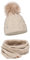 ELIMELI® Mütze Schal Damen Winter Kombi Set - warme Strickmütze Wintermütze mit Bommel und Schal - Slouch Strick Beanie Bommelmütze (Beige - Set mit Schal)