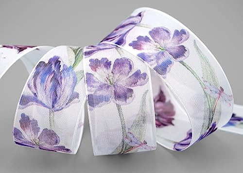 18 m x 40 mm Dekoband CHIFFON TULPEN FLIEDER Chiffonband mit formstabilen Kanten Schleifenband Blumen Schmetterling Sommer Dekoration halbtransparentes Band Geschenkband Frühjahr Landhaus