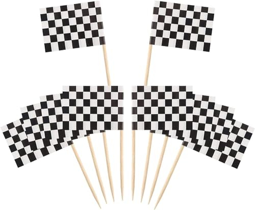 50 Pcs Black and White Chequered Flag Cupcake Picks Checkered Toothpick Racing Flag for Cake Toppers Food & Cupcake Party Decoration (Black + White)