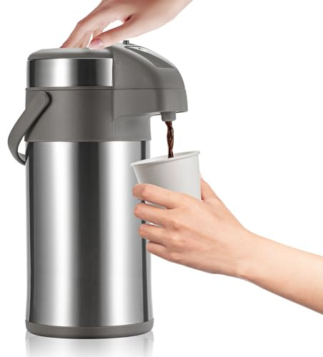 OJOJ 3L/2,863.3 g Thermo-Kaffeekaraffe mit Pumpe, Thermo-Getränkespender, Kaffee Airpot Edelstahl Kaffeekaraffe für Heißgetränke, Silber