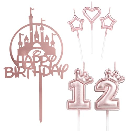 Happy 12th Birthday Candles Cake Toppers, Pink Castle Cake Topper, Crown Number 12 Candle for Cake, Pink Cake Candles Cake Toppers for Girls Women Birthday Party 12th Wedding Anniversary Decorations