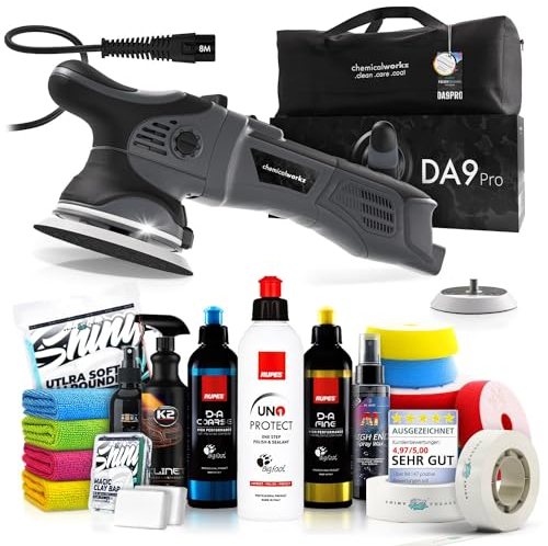 Poliermaschinen Set: chemicalworkz DA9 Pro Exzenter Poliermaschine + Rupes Politur Set + Royal Pads Premium Polierpads + Dr. Wack Versiegelung für Lack + Zubehör | 20-teilig