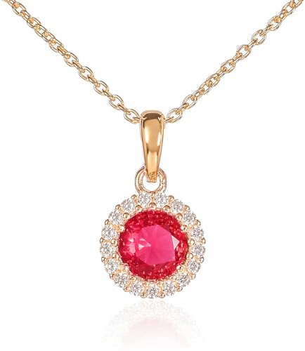 Diamond Treats Vergoldete Anhänger Halskette aus 925 Sterling Silber mit einem rubinroten Stein und einem Zirkon Rand, Gold-Halskette für Damen mit einem roten Stein, Goldkette für Frauen