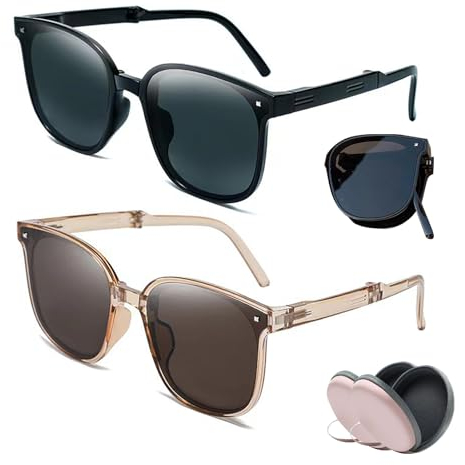 KASESSS 2 Stück Faltbare Sonnenbrille, Retro Sonnenbrille Herren, Sonnenbrille Damen UV Schutz, Sonnenbrillen mit 2 Brillenetui, Sunglasses Men Woman für Reisen, Einkaufen und Wandern (Schwarz,Braun)