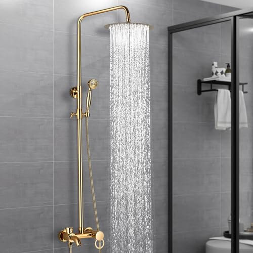 Mermajestic Kit doccia antico in oro spazzolato, con beccuccio per vasca, 20 cm, rubinetteria antipioggia, soffione antipioggia e doccetta a mano, regolabile in altezza da 80 a 120 cm. Set