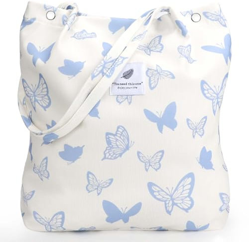 LHMTQVK Tragetasche für Damen und Mädchen, große Kapazität, Kordsamt, wiederverwendbar, Lebensmittel-Schultertasche mit Innentaschen, blau mit schmetterlingen, Large, Blauer Schmetterling