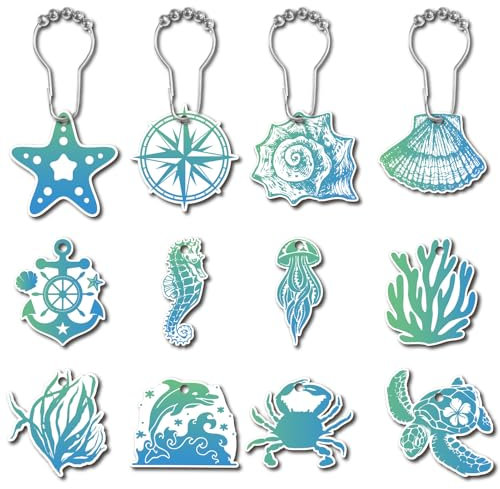 CREATCABIN 12 Pièces 12Styles Anneaux Rideau Douche Animaux Marins Crochets Rideau Douche Océan Bleu Anneaux Douche Crochets Décoratifs pour Salle Bain Rideaux Douche Tringles Cintres Ensemble 12