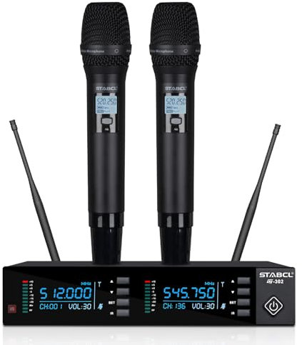 Sistema de micrófono inalámbrico profesional, 2 x 100 UHF frecuencias ajustables, micrófono inalámbrico para karaoke, canto, DJ, iglesia, 2 micrófonos inalámbricos dinámicos de mano de metal, escaneo
