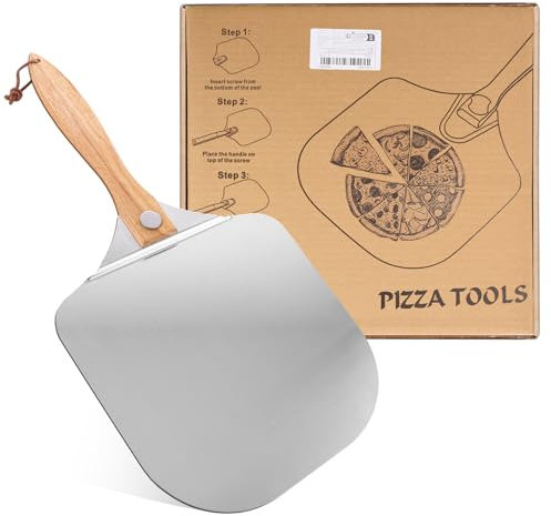 ASelected Large Aluminum Pizza Peel 12Inch Pizza Paddle with Wooden Handle for Easy Storage, Pizza Shovel with Pizza Cutter Wheel for Baking Handmade Pizza, Dough, Bread, Cakes, Heavy Duty