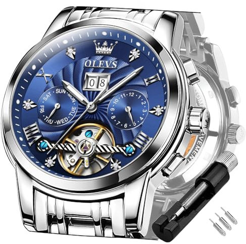 OLEVS Silber Blau Automatikuhren für Herren Tourbillon Automatik Mechanik Luxus-Kleid Edelstahl Armband Leuchtend wasserdicht Herren-Armbanduhr