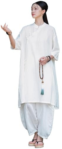DAYKET Vêtements de Tai Chi amples pour femmes, uniforme traditionnel chinois en coton et lin pour arts martiaux, tenue de méditation zen, tenue d'exercices du matin,White-OneSize