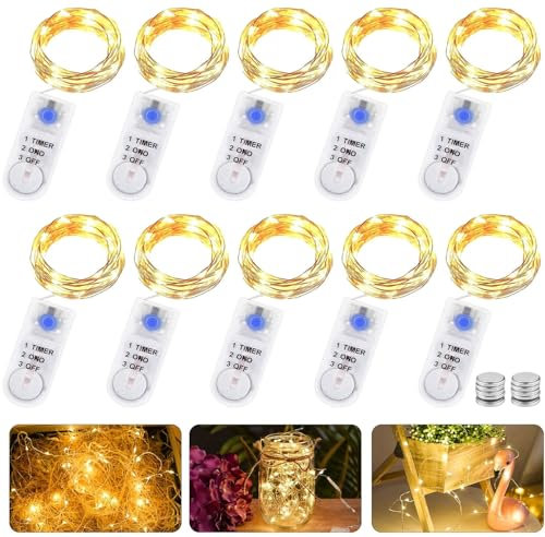 GAOUTO 10 Stk 2M 20LED Lichterkette Batterie mit Timer, LED Micro Batterie-betrieben Kupfer Drahtlichterkette Weihnachtsbeleuchtung für Zimmer, Innen, Weihnachten, Außen, Party, Hochzeit, DIY
