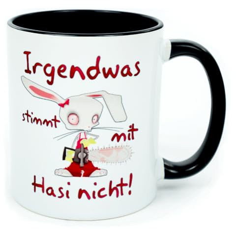 Irgendwas stimmt mit Hasi nicht Tasse Häschen Becher Arbeit Kaffeetasse Hase Osterdeko Ostertasse Halloweentasse Halloween Zubehör Oster Geschenk Lustig Witzig Spruch Ostergeschenk Keramik 330 ml