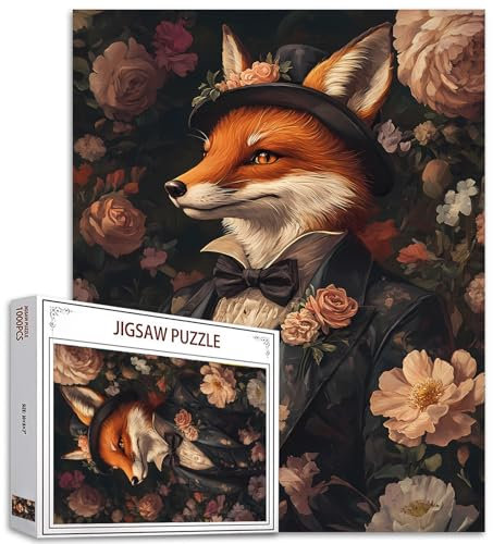 Fox Wearing Hat Jigsaw Puzzle for Adults 1000 Pieces - Animal Flowers Pictures DIY Art Craft Wall Decor - Challenging Family Activity Game Nights Handwork Home Decor Unique Gifts