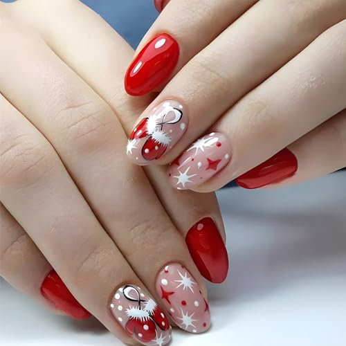 Christmas Short Almond False Acrylic Nails With Gloves Designs And Winter Artificial Nails Art For Women And Girls 24Pcs