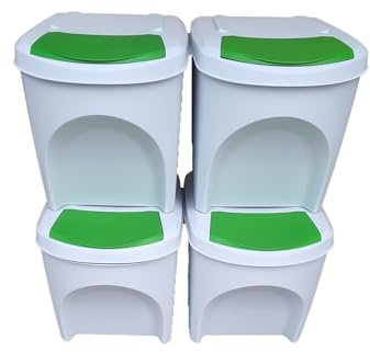 Stolmet Large Stackable Recycling Bins Set of 4x25L (Brand KrysGo) - Customizable Lids with Recycling Stickers - Waste Sorting for Home, Kitchen, Office (White + Green)