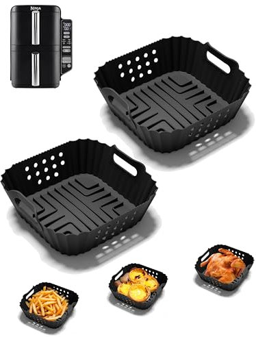 Air Fryer Silicone Liners for Ninja Double Stack 7.6L Air Fryer SL300UK, Dual Reusable Air Fryer Silicone Liners Ninja Double Stack Air Fryer Accessories for Ninja AF400UK, AF451UK(2PCS Black)