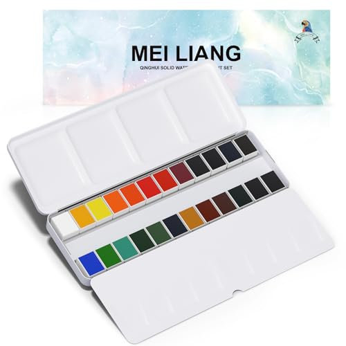 MEI LIANG 24 Colors Solid Watercolour Paint Set, Vibrant and Highly Pigmented Colors, Removable Half Pans and Built-in Palette, Portable Metal Case for Students, Beginners, and Outdoor Sketching