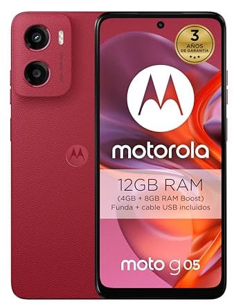 Motorola Moto g05 12GB(4GB+8GB RAM Boost)/64GB Rojo, España, Pantalla superbrillante de 6.67, Sistema de cámaras de 50 MP, Modo Retrato con IA, Soft Luxe, Corning Gorilla Glass 3, batería 5200mAh