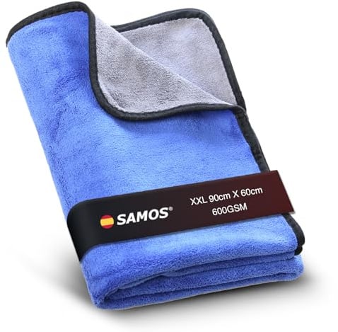Samos® Toalla Secado Coche 90x60 cm XXL Microfibra de Alta absorción 600 gsm | Paño Microfibra Coche XXL para Limpieza y Secado rápido | Accesorios Coche Premium para Interior y Exterior(Azul)