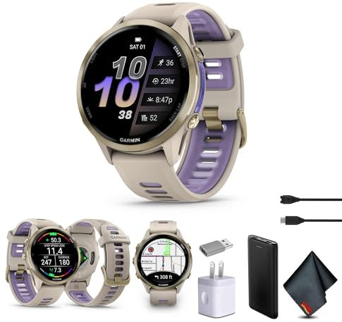 Garmin Forerunner 970 - Smartwatch da corsa, con GPS, fitness per uomo e donna, in titanio dorato morbido con cassa grigio francese e cinturino grigio traslucido indaco con P-Bank e altro