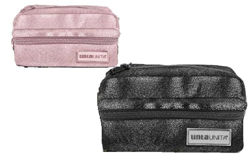 Tinta Unita Astuccio Bustina Glam Rosa e Nero – Forma tonda 20,5×10×6 cm – PU Luxury, Design Elegante Scuola (Rosa)